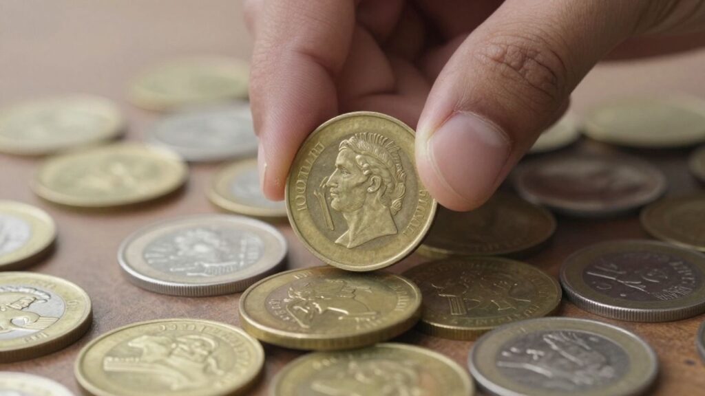 Testing precious metal coins by striking them together.