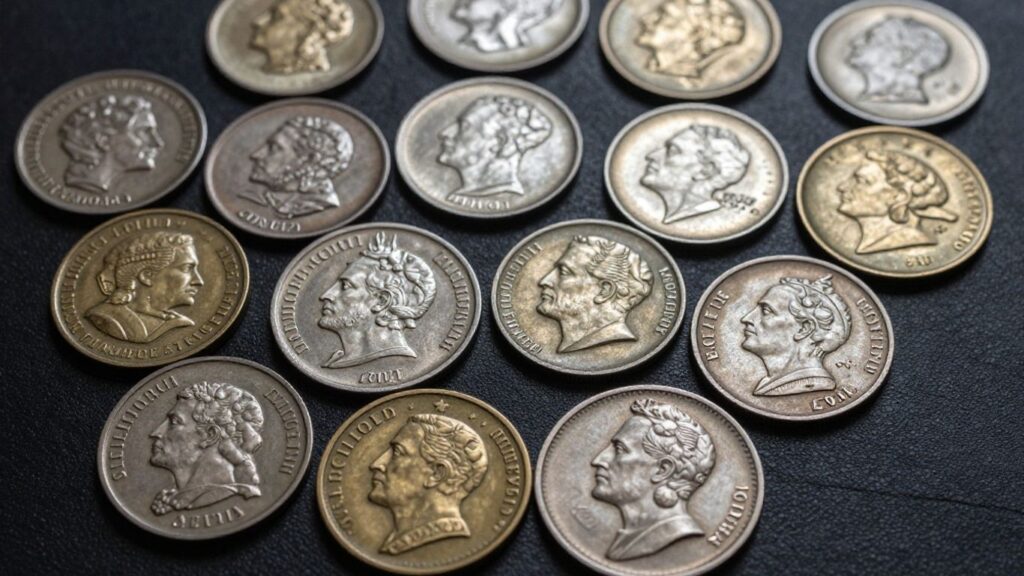 Exonumia coins displayed on a dark surface.