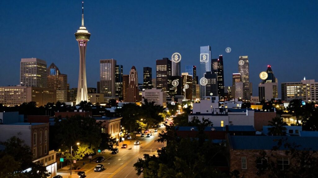 San Antonio skyline with digital currency icons.