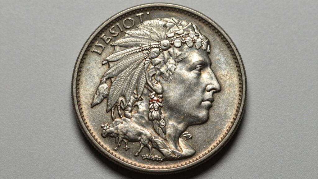 Buffalo nickel coin with Native American and bison details.