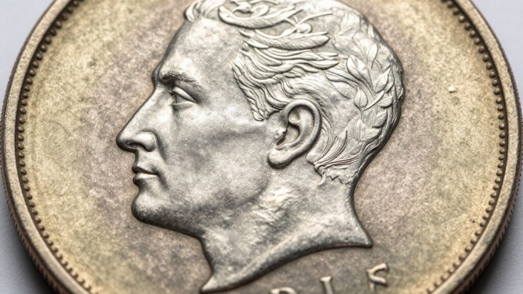 Cross-section of a clad coin showing metallic layers.