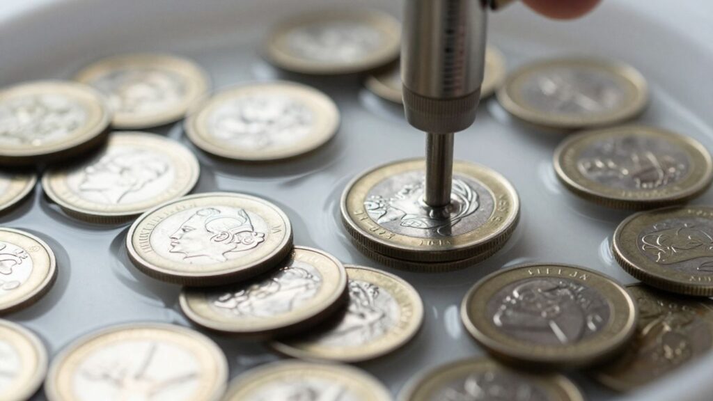 Coins being measured for density with a scale and beaker.