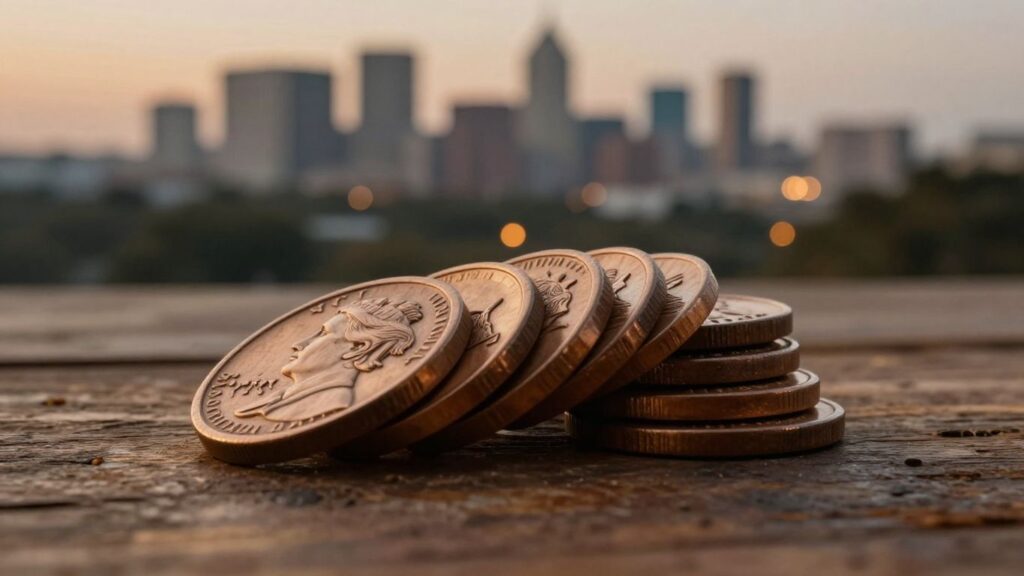 Wooden nickels stacked on a table with San Antonio skyline.