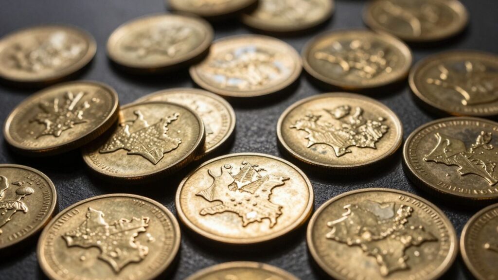 Territorial gold coins with intricate designs.