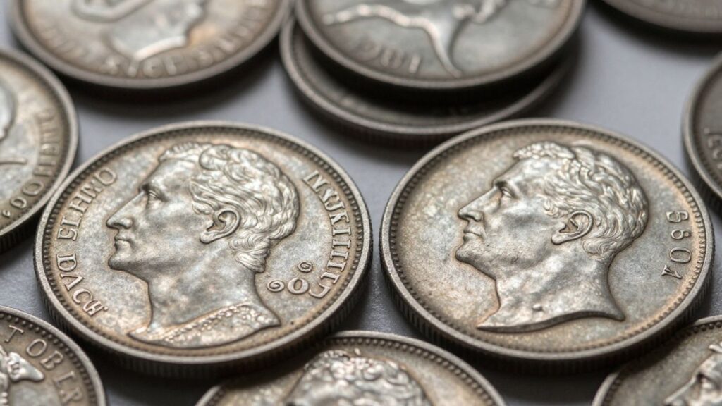 Close-up of vintage silver coins with detailed minting.