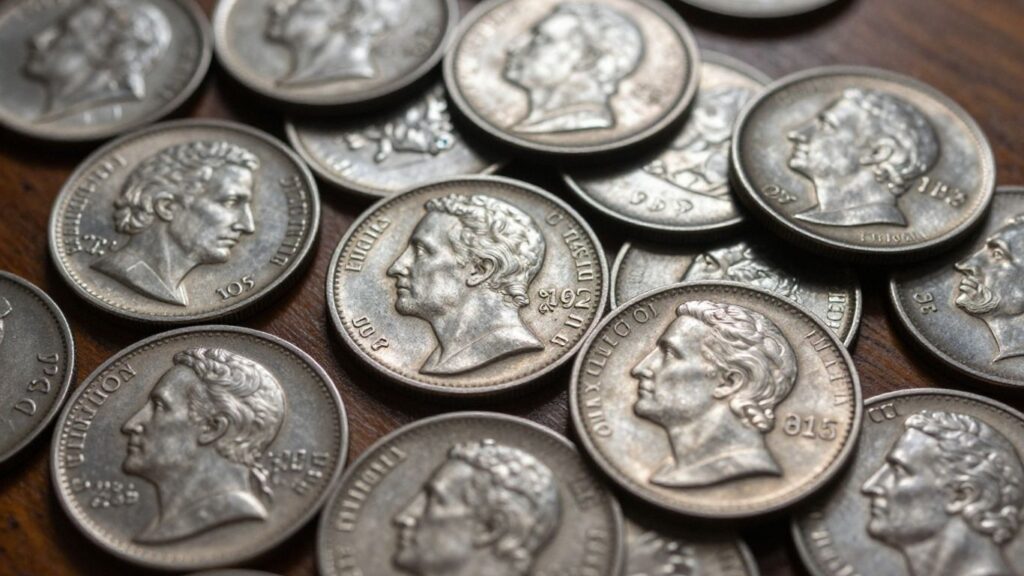 Pre-1965 silver coins on a wooden surface.