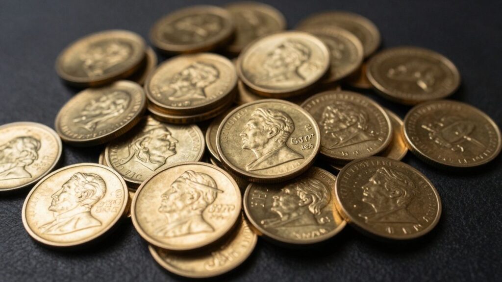 Pile of shiny gold pioneer coins