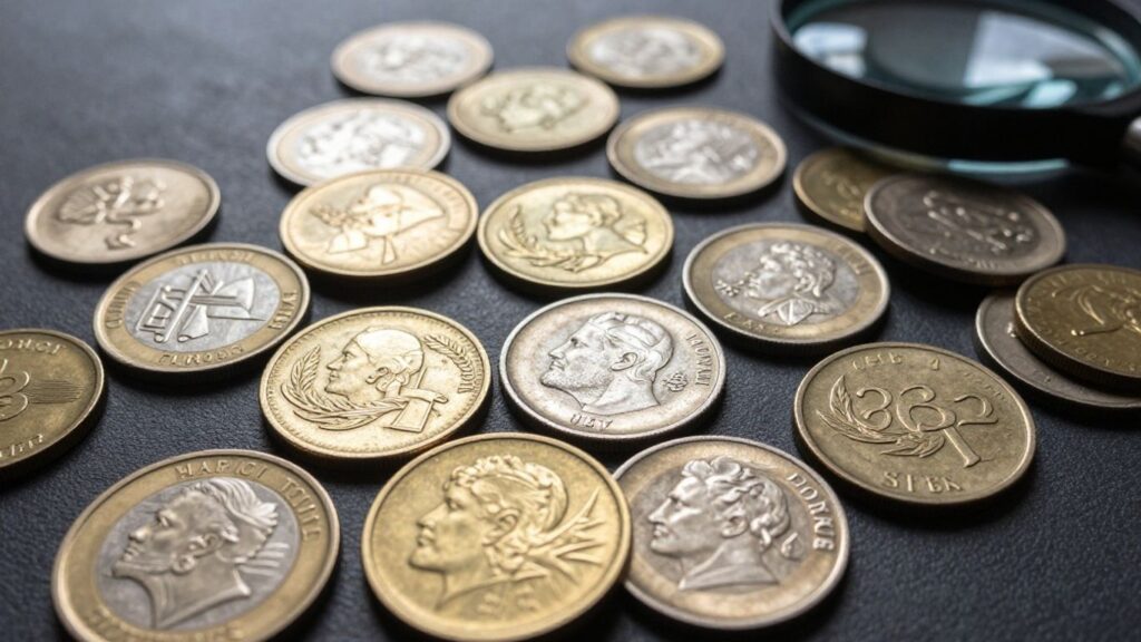 Collection of diverse coins with magnifying glass.