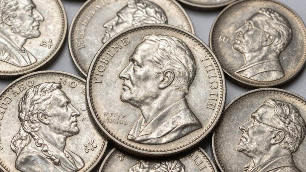 Close-up of vintage constitutional silver coins.
