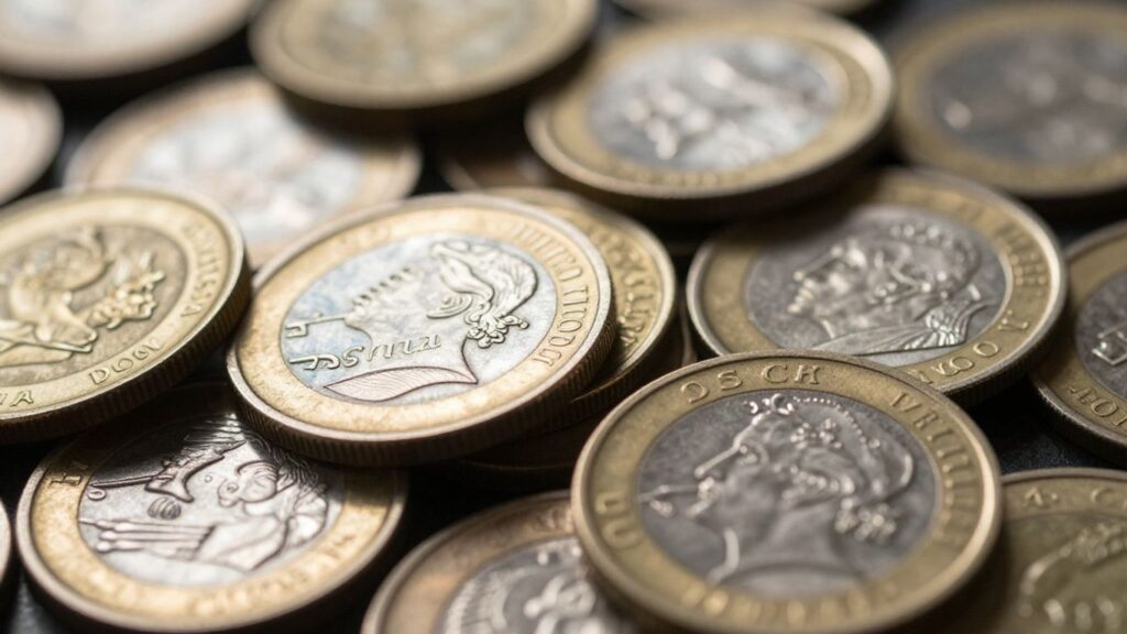 Gold and silver coins piled together, catching the light.