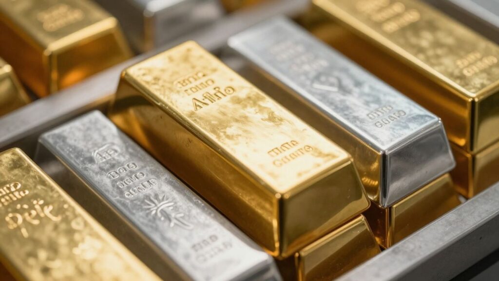 Gold and silver bars stacked in a vault.