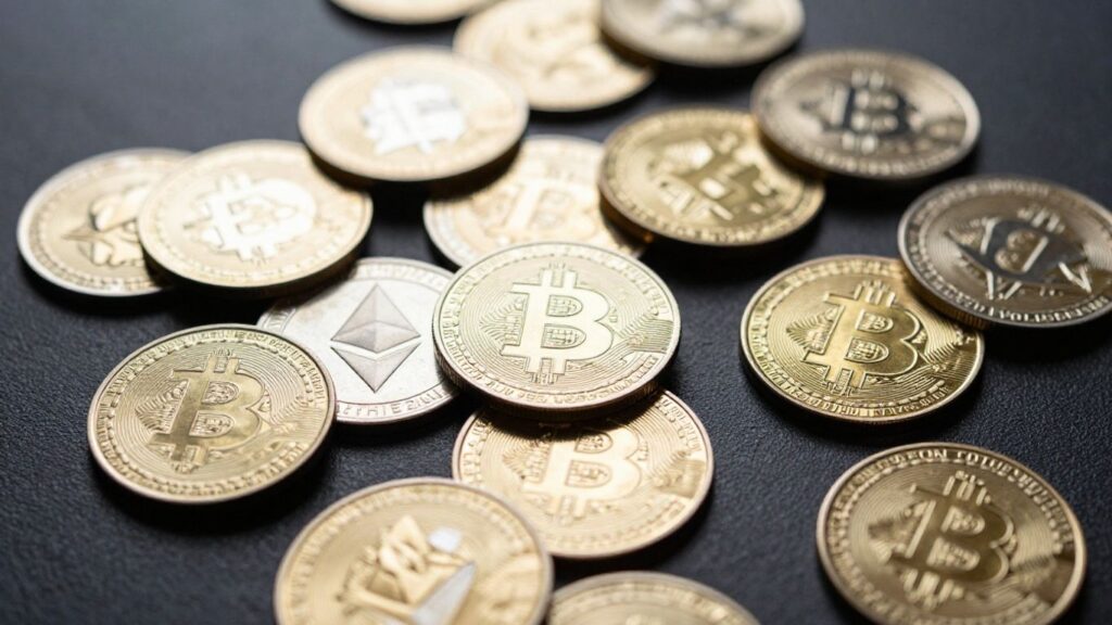 Cryptocurrency coins scattered on a dark surface.