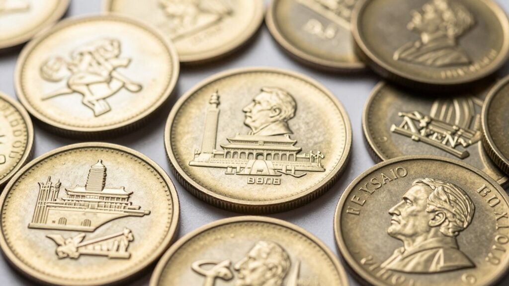 Collection of historical commemorative coins with detailed designs.