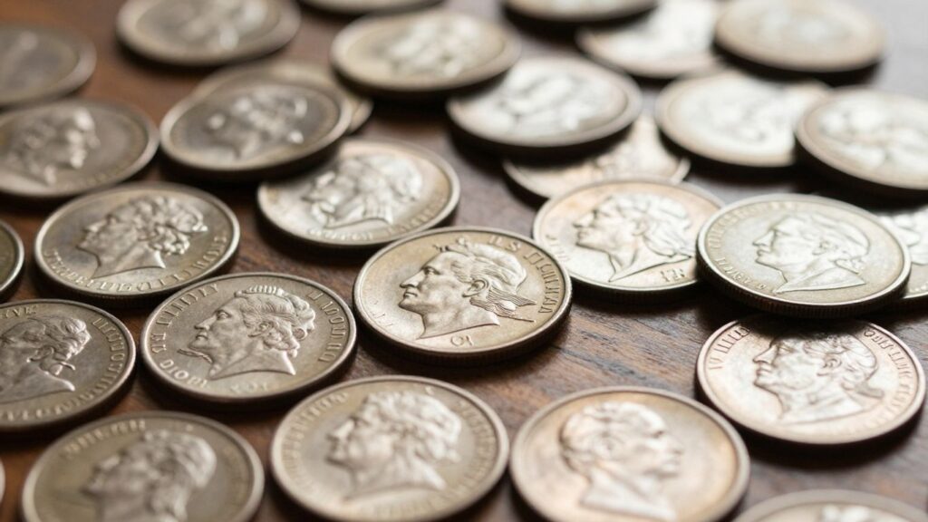 San Antonio TX coin values with US quarters and dimes.
