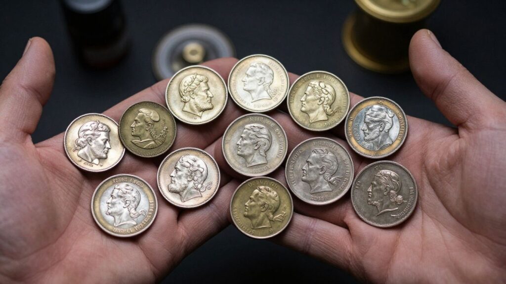 Hands holding rare coins in a collector’s workspace