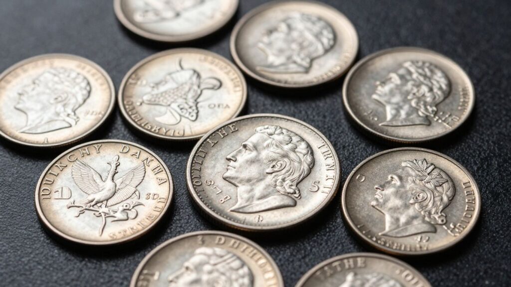 Branch mint coins on a dark surface, catching the light.