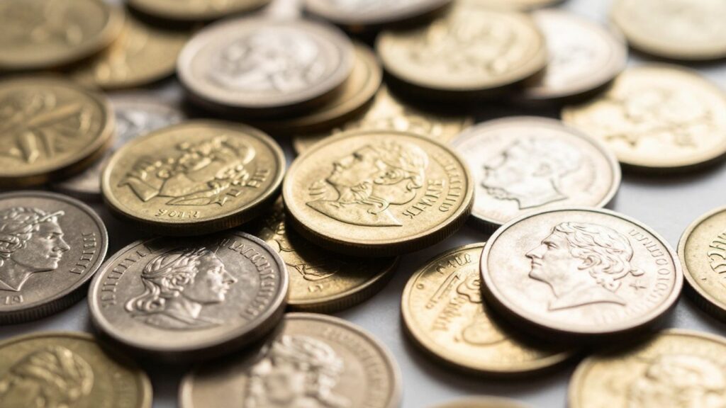 Gold and silver coins scattered and stacked.