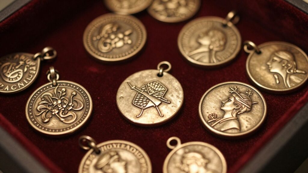 Antique love tokens on a velvet cushion.