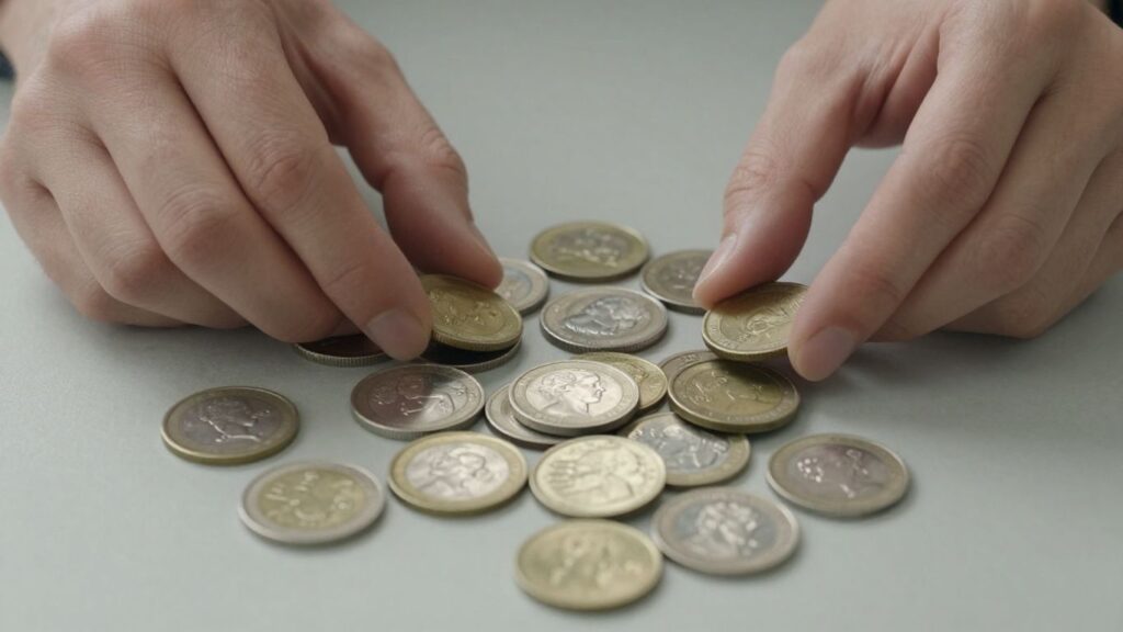 Hands organizing a variety of coins.