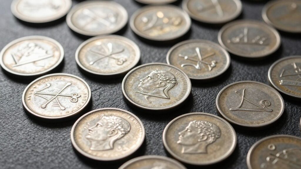 Chop marked coins on a dark surface.