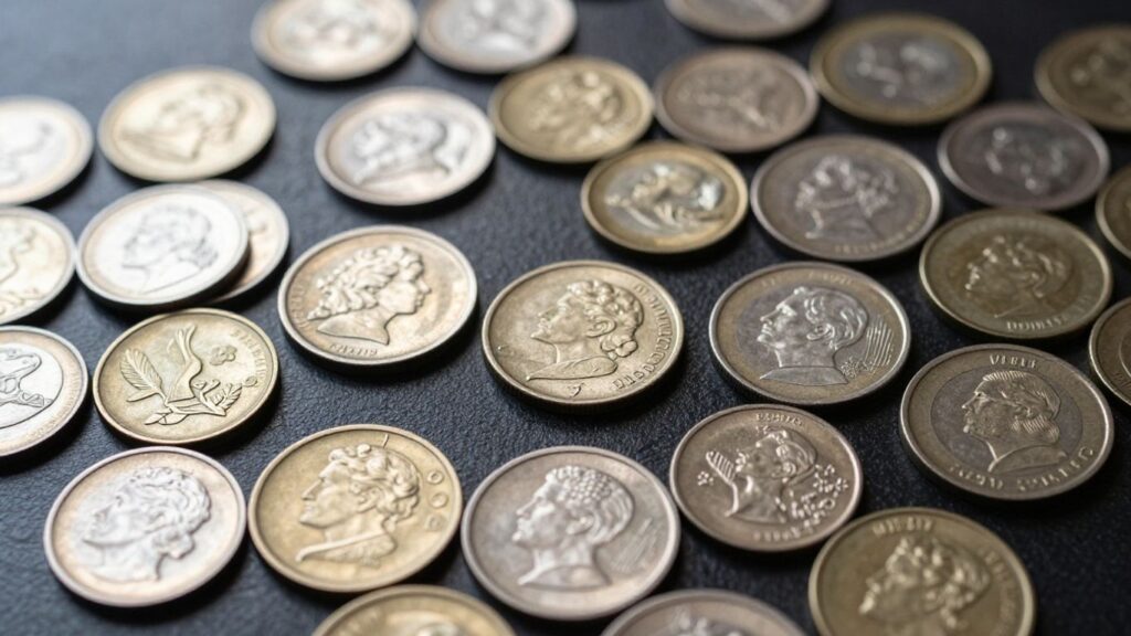 Collection of diverse coins on a dark surface.