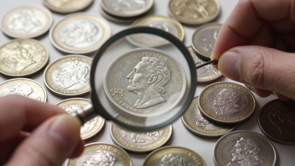 Collector examining rare coins with a magnifying glass.