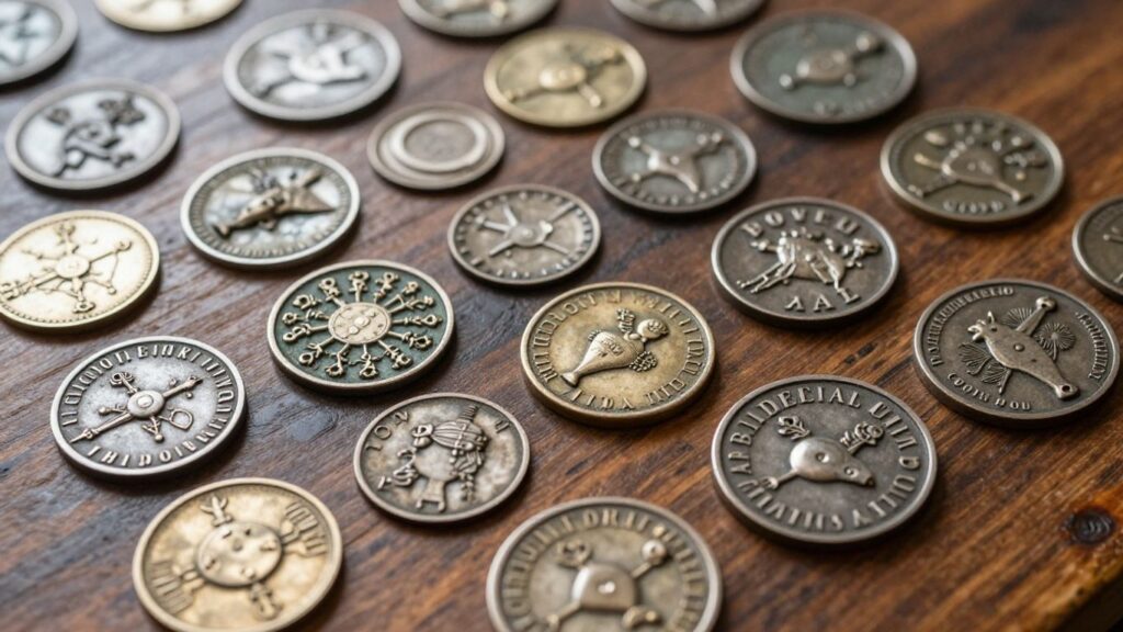 Collection of antique hard times tokens on a wooden surface.