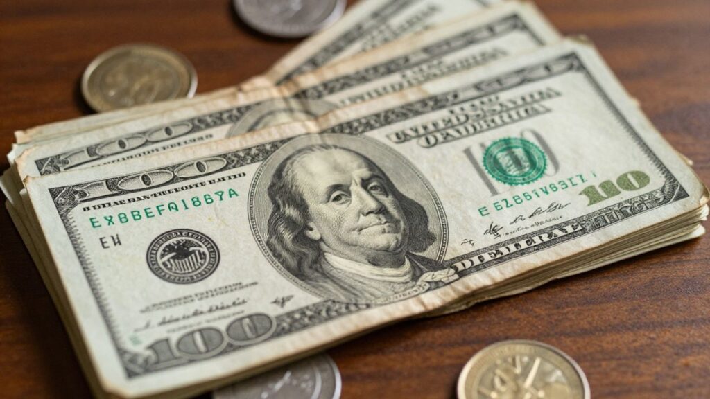Stack of old U.S. dollar bills and coins.
