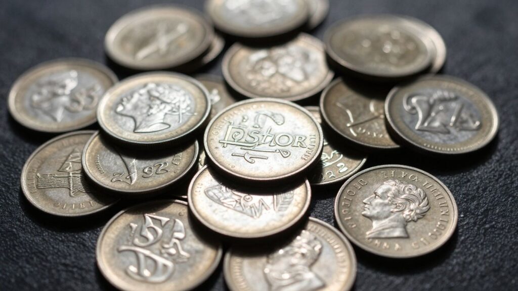 Pile of old silver coins with visible details.