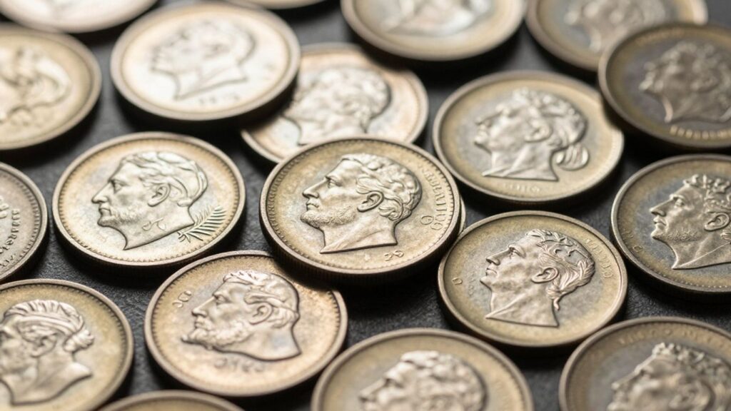 Collection of historical mint coins with detailed relief patterns.