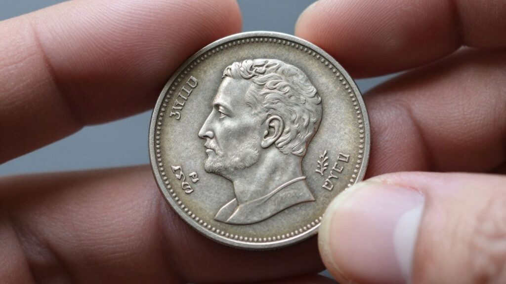 Hand holding a detailed, shiny silver coin.