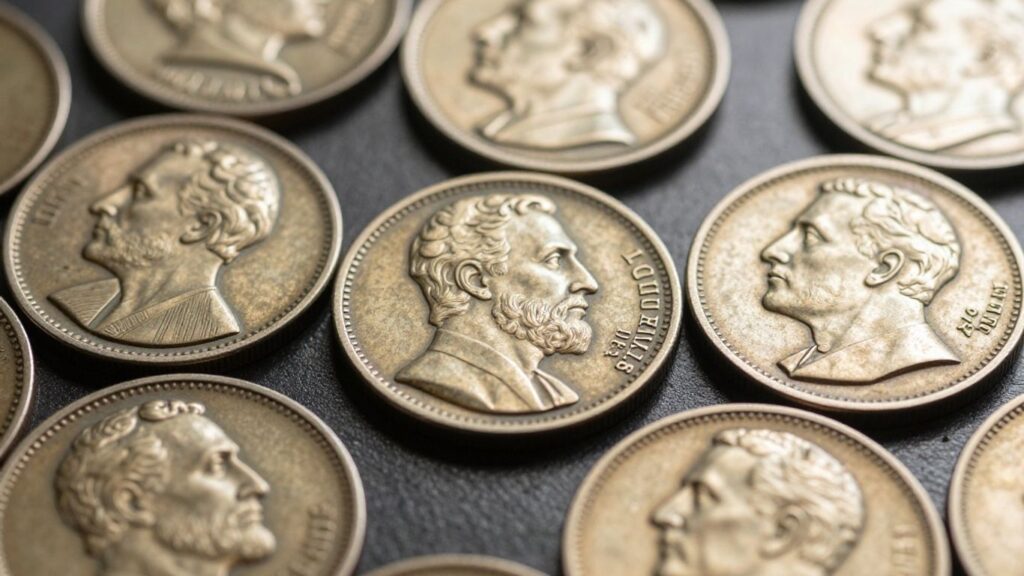Antique hobo nickels with carved faces.