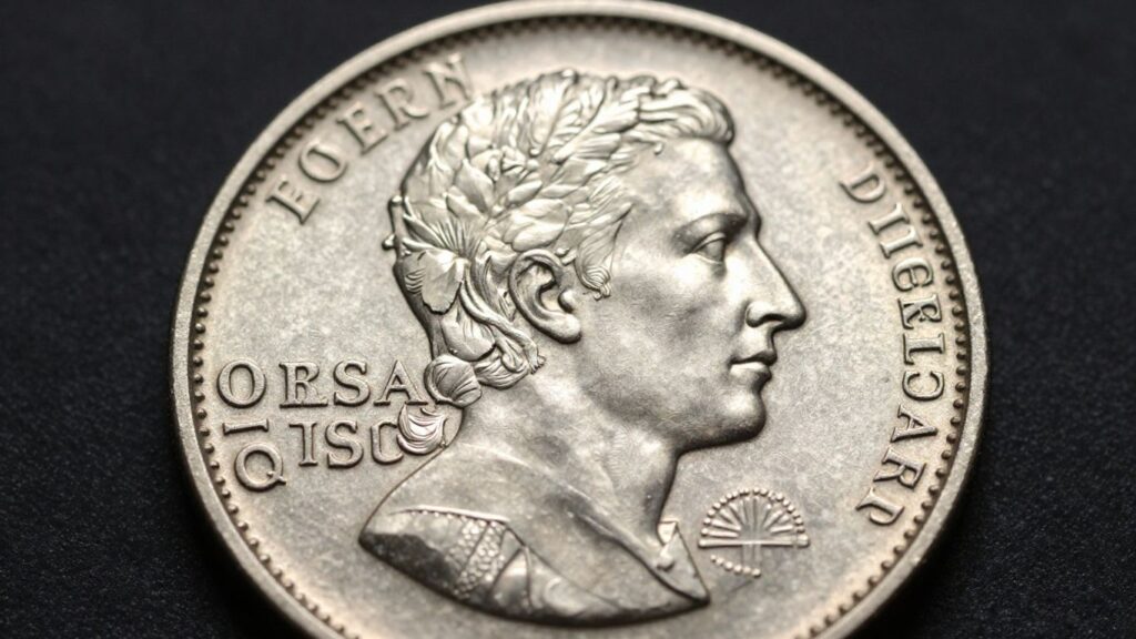 Close-up of a brilliant, detailed coin under studio lighting.