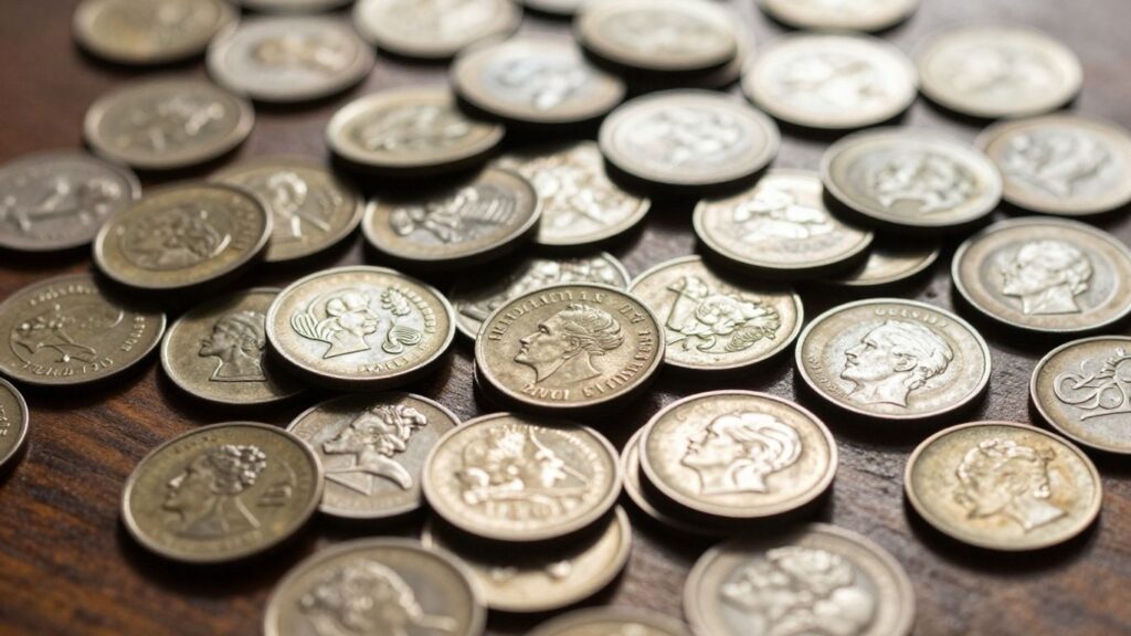 Old coins scattered on a wooden surface, San Antonio.