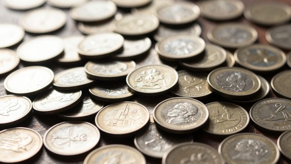 Pile of diverse coins with light glinting off surfaces.