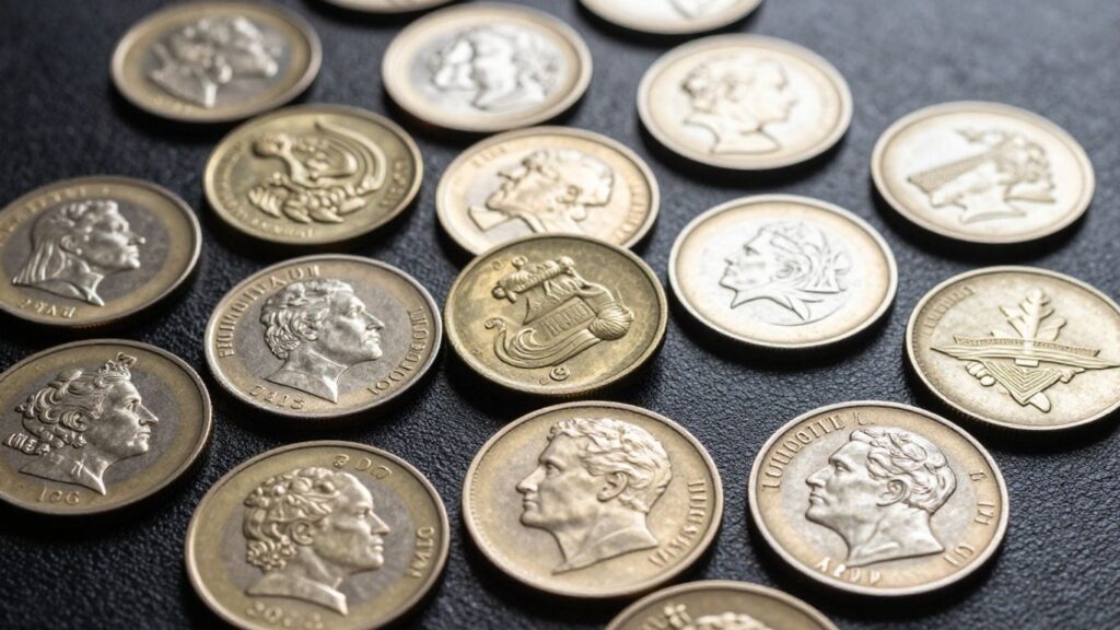 Rare test piece coins with intricate designs and metallic sheens.