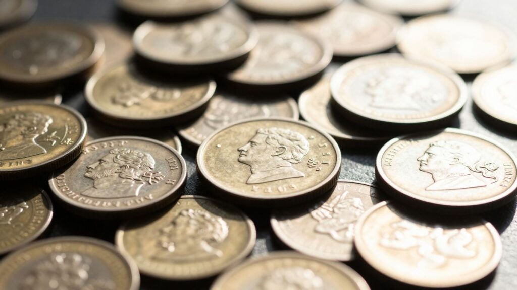 Collection of diverse coins with sunlight glinting off surfaces.