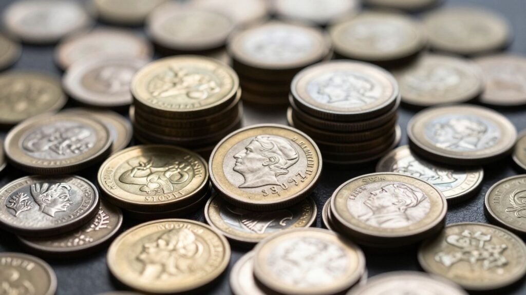 Stack of gold and silver coins, close-up view.