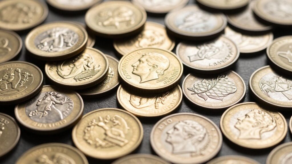 Gold bullion coins beside ornate collector coins.