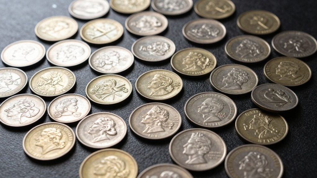 Collection of rare coins with intricate details and engravings.