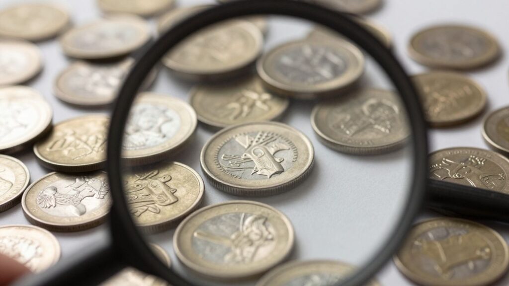 Magnifying glass over a pile of old and new coins.