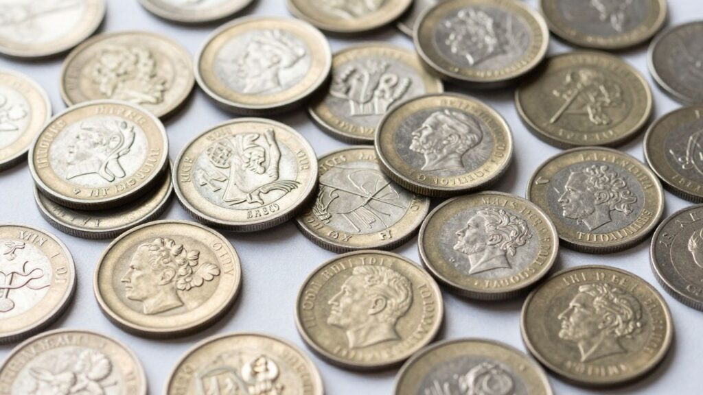 Collection of foreign coins from various countries.