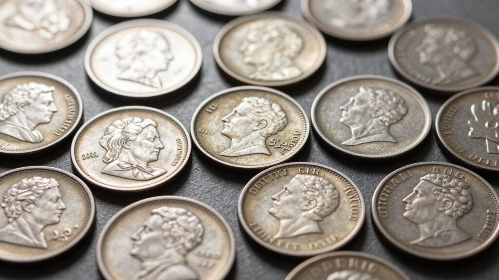 Collection of antique coins with mint marks.
