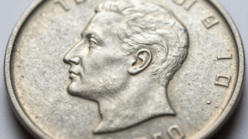Close-up of a damaged silver coin with visible scratches.
