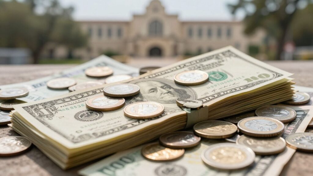 US dollars and foreign currency with San Antonio skyline.