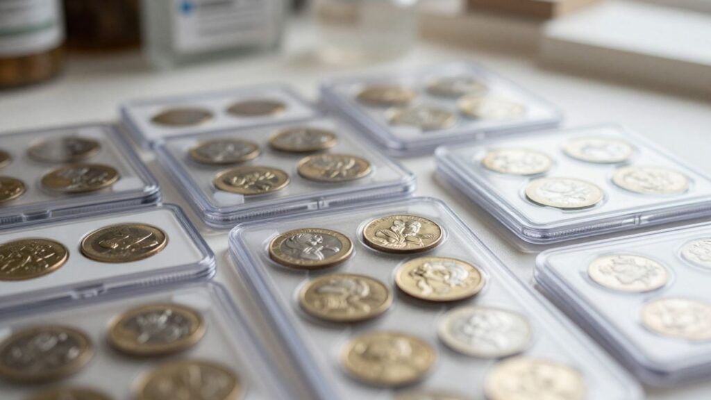 Coin holders and collecting supplies for sale.