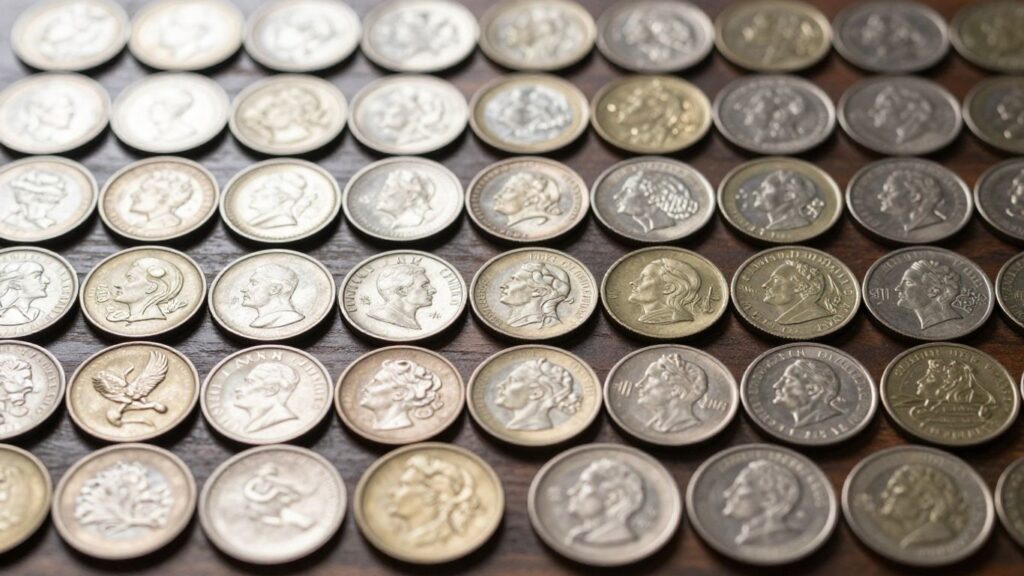 Chronologically organized coins with sunlight glinting off them.
