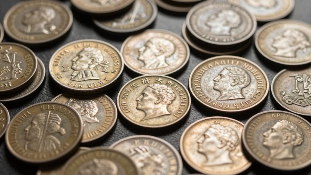 Collection of diverse Asian coins with intricate designs.