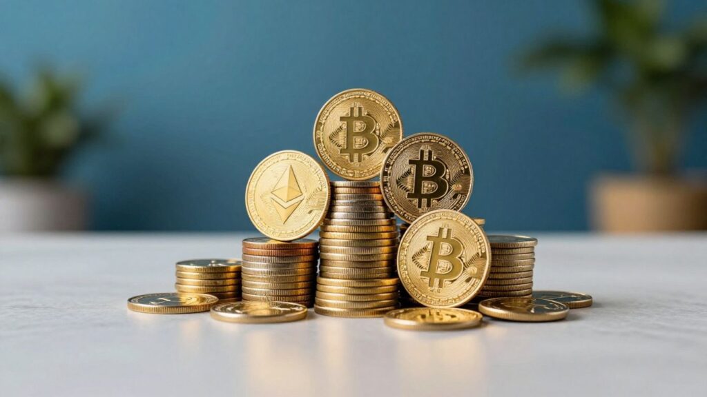 Balanced cryptocurrency coins for investment growth.