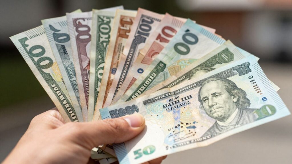 Hand holding stack of colorful banknotes